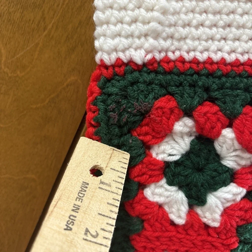 Vintage Hand Crocheted Chunky Knit Granny Squares Christmas Stocking SKINNY